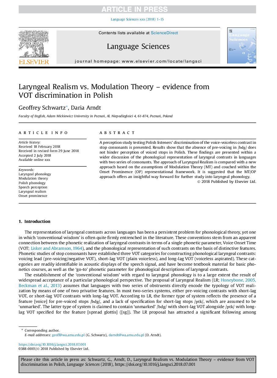 Laryngeal Realism vs. Modulation Theory - evidence from VOT discrimination in Polish