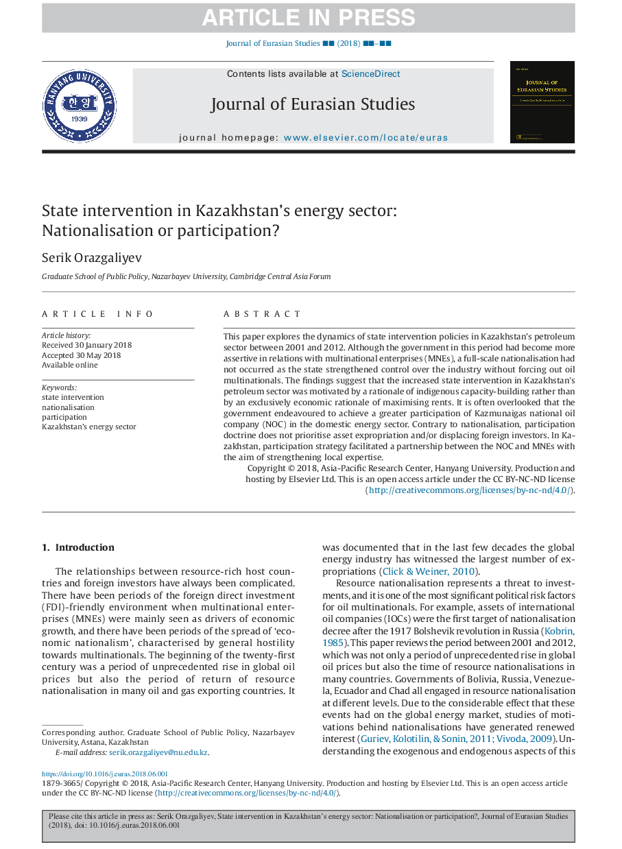 State intervention in Kazakhstan's energy sector: Nationalisation or participation?