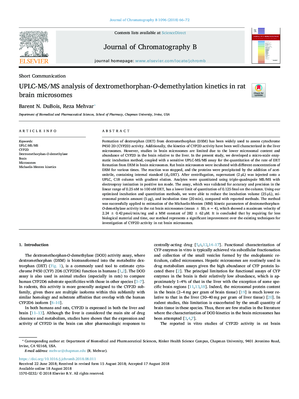 UPLC-MS/MS analysis of dextromethorphan-O-demethylation kinetics in rat brain microsomes