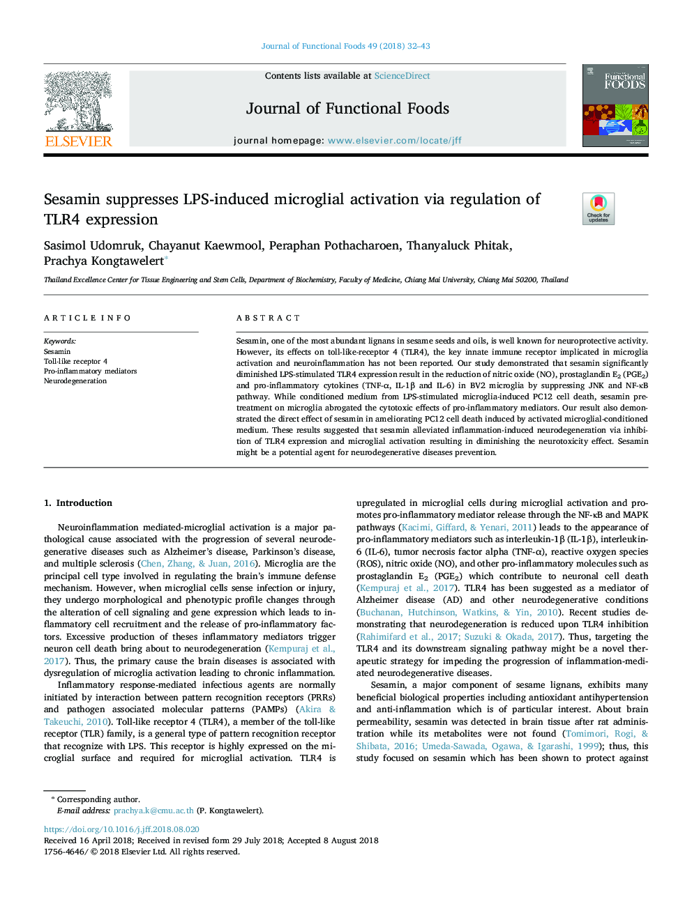 Sesamin suppresses LPS-induced microglial activation via regulation of TLR4 expression