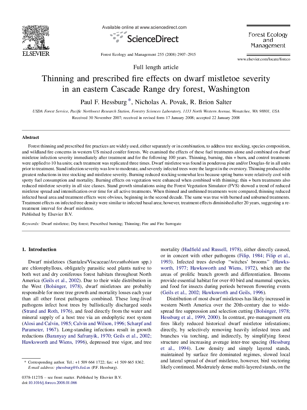 Thinning and prescribed fire effects on dwarf mistletoe severity in an eastern Cascade Range dry forest, Washington