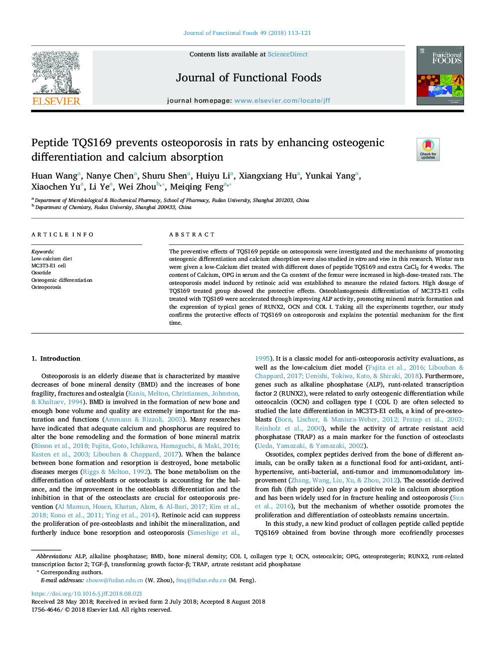 Peptide TQS169 prevents osteoporosis in rats by enhancing osteogenic differentiation and calcium absorption