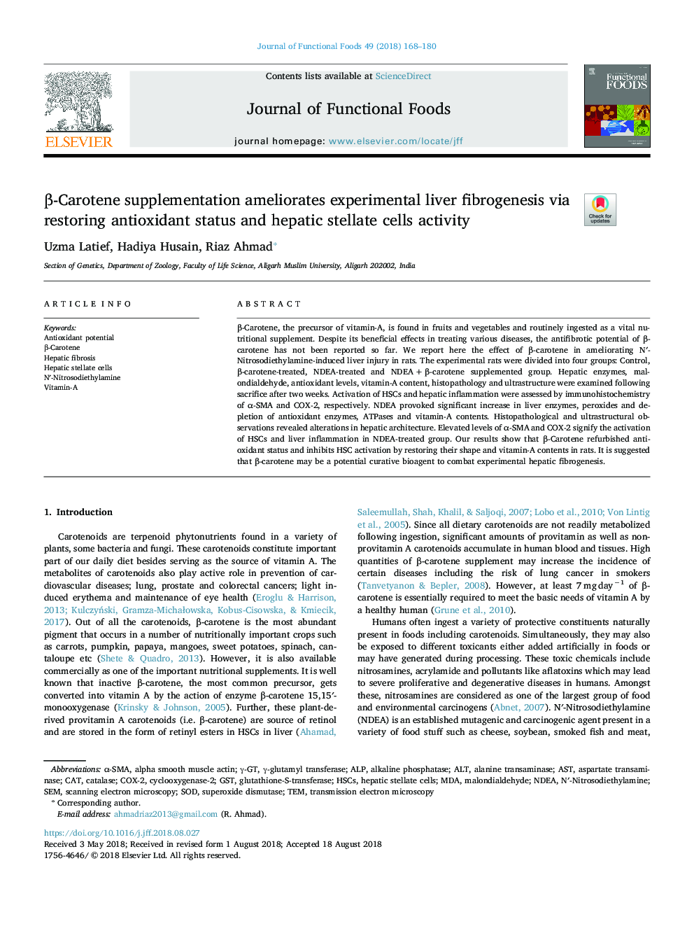 Î²-Carotene supplementation ameliorates experimental liver fibrogenesis via restoring antioxidant status and hepatic stellate cells activity