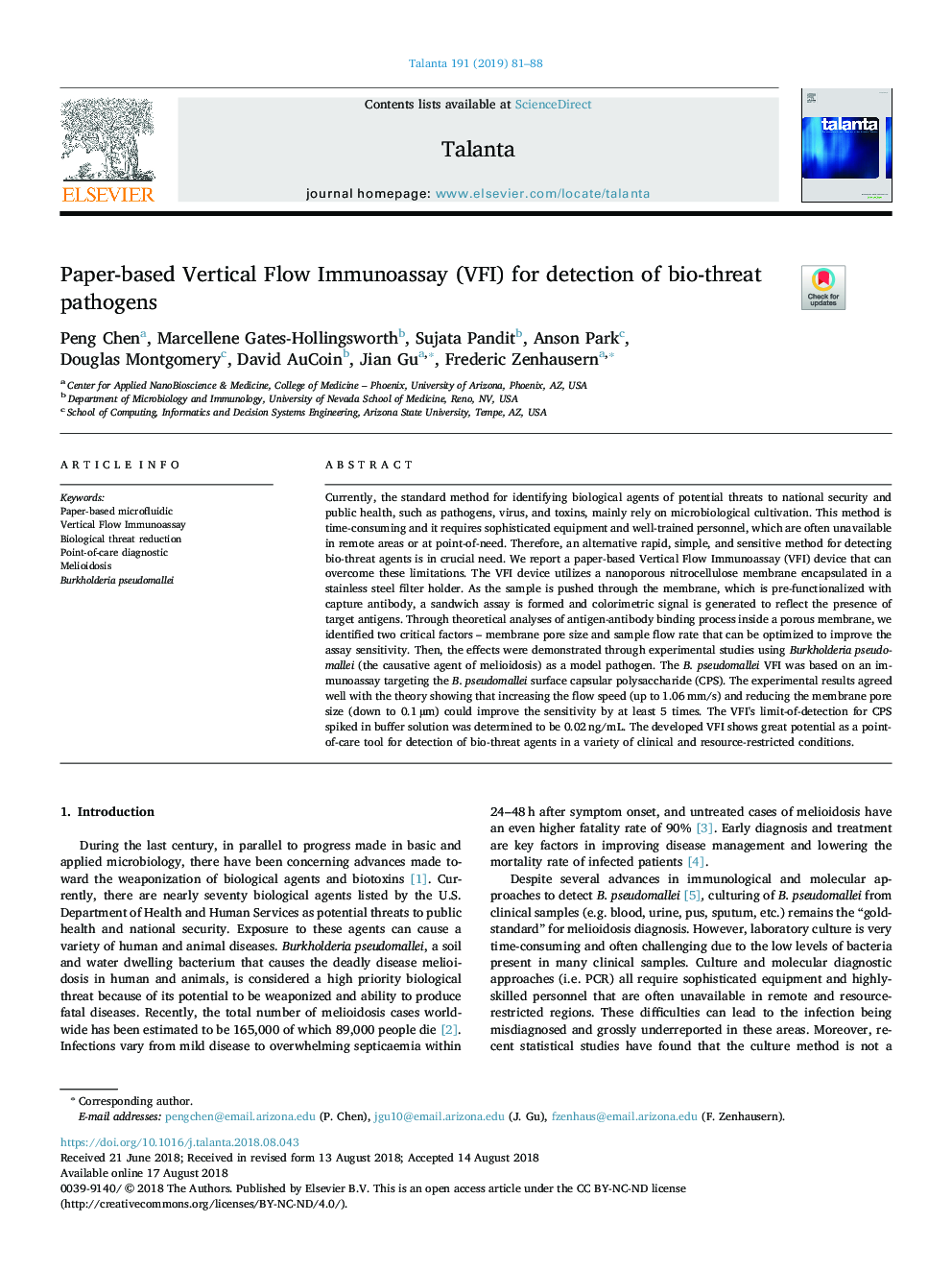 Paper-based Vertical Flow Immunoassay (VFI) for detection of bio-threat pathogens