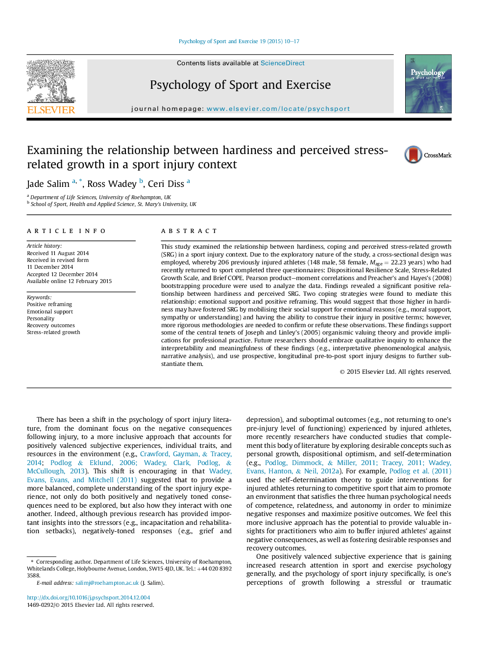 Examining the relationship between hardiness and perceived stress-related growth in a sport injury context