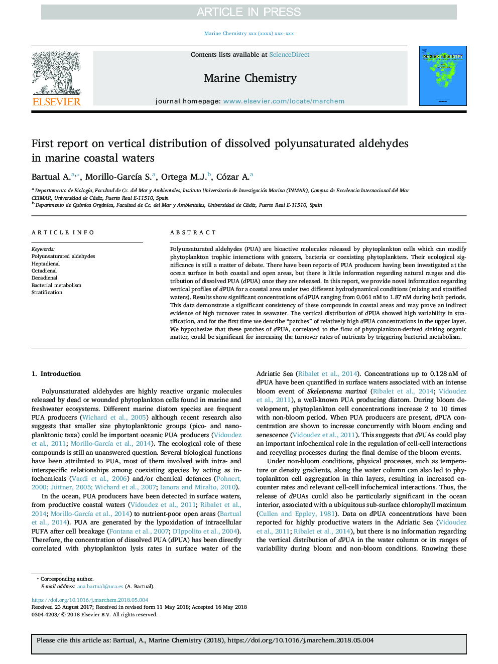 First report on vertical distribution of dissolved polyunsaturated aldehydes in marine coastal waters