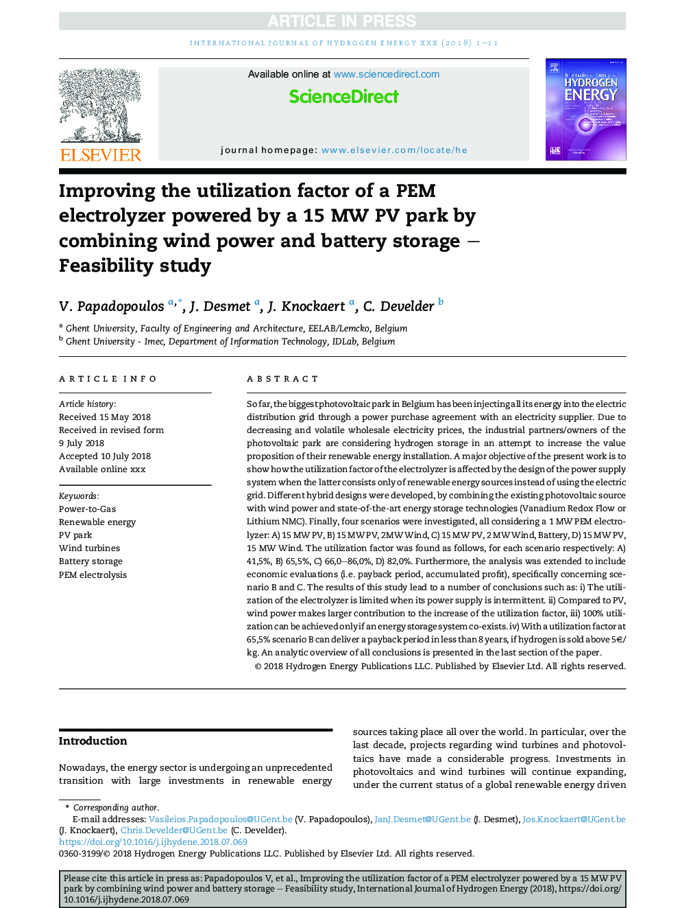 Improving the utilization factor of a PEM electrolyzer powered by a 15Â MW PV park by combining wind power and battery storage - Feasibility study
