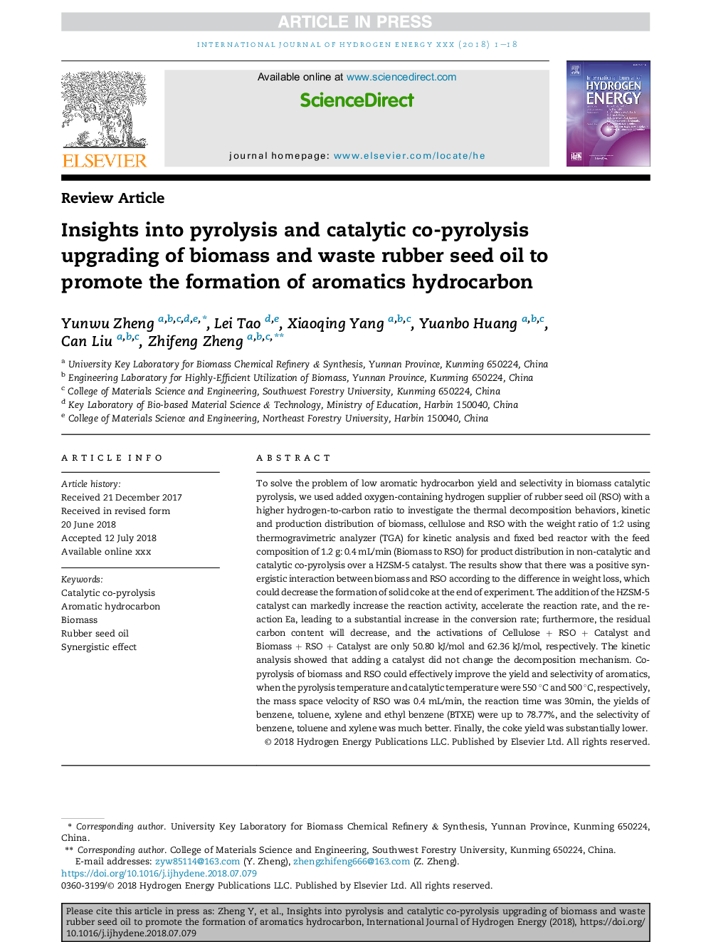 Insights into pyrolysis and catalytic co-pyrolysis upgrading of biomass and waste rubber seed oil to promote the formation of aromatics hydrocarbon