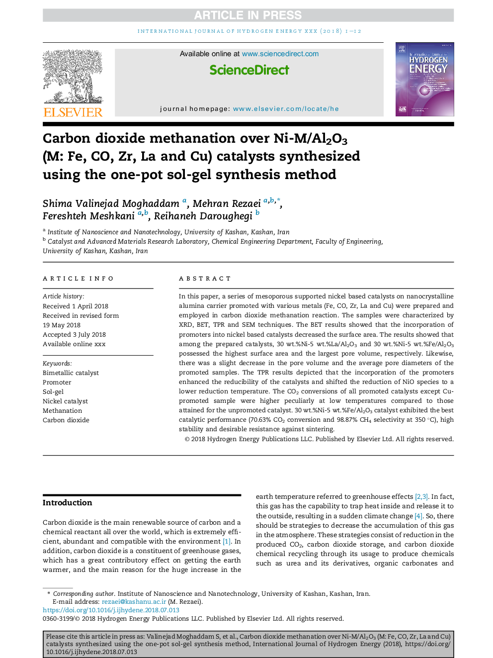 Carbon dioxide methanation over Ni-M/Al2O3 (M:Â Fe, CO, Zr, La and Cu) catalysts synthesized using the one-pot sol-gel synthesis method