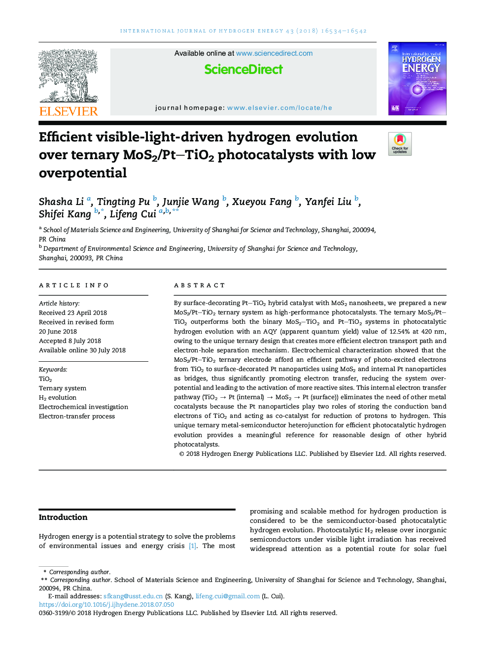 Efficient visible-light-driven hydrogen evolution over ternary MoS2/PtTiO2 photocatalysts with low overpotential