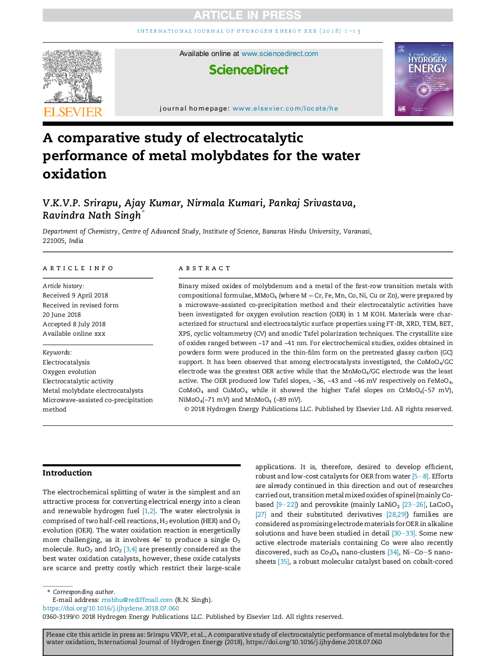 A comparative study of electrocatalytic performance of metal molybdates for the water oxidation