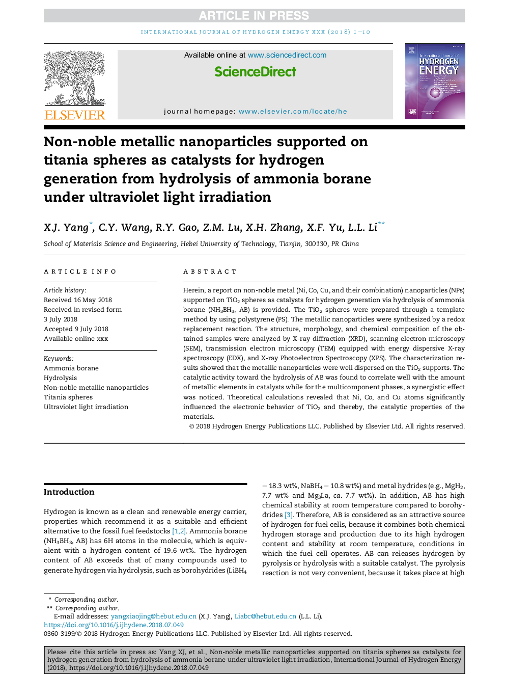 Non-noble metallic nanoparticles supported on titania spheres as catalysts for hydrogen generation from hydrolysis of ammonia borane under ultraviolet light irradiation