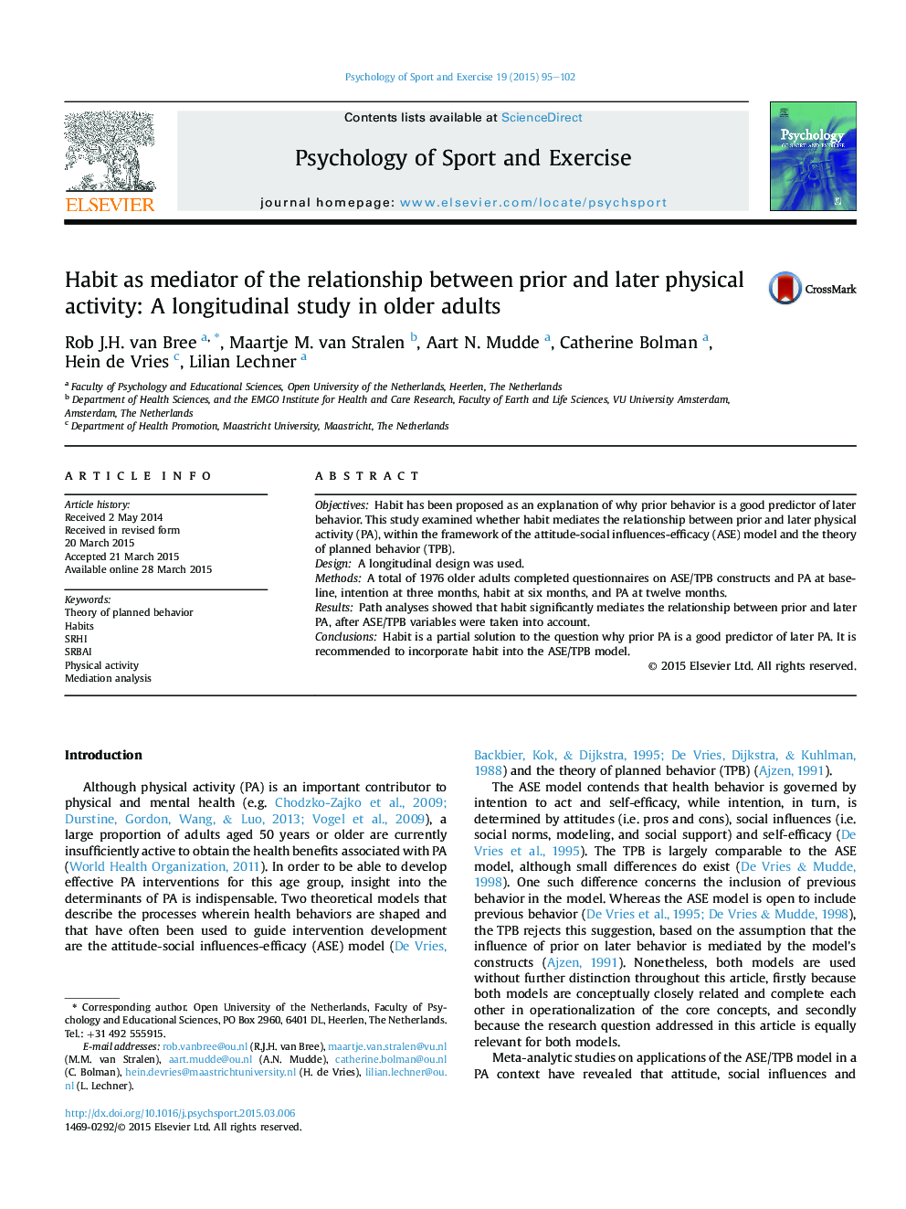 عادت به عنوان واسطه ارتباط بین فعالیت بدنی قبل و بعد: یک مطالعه طولی در بزرگسالان سالمند
