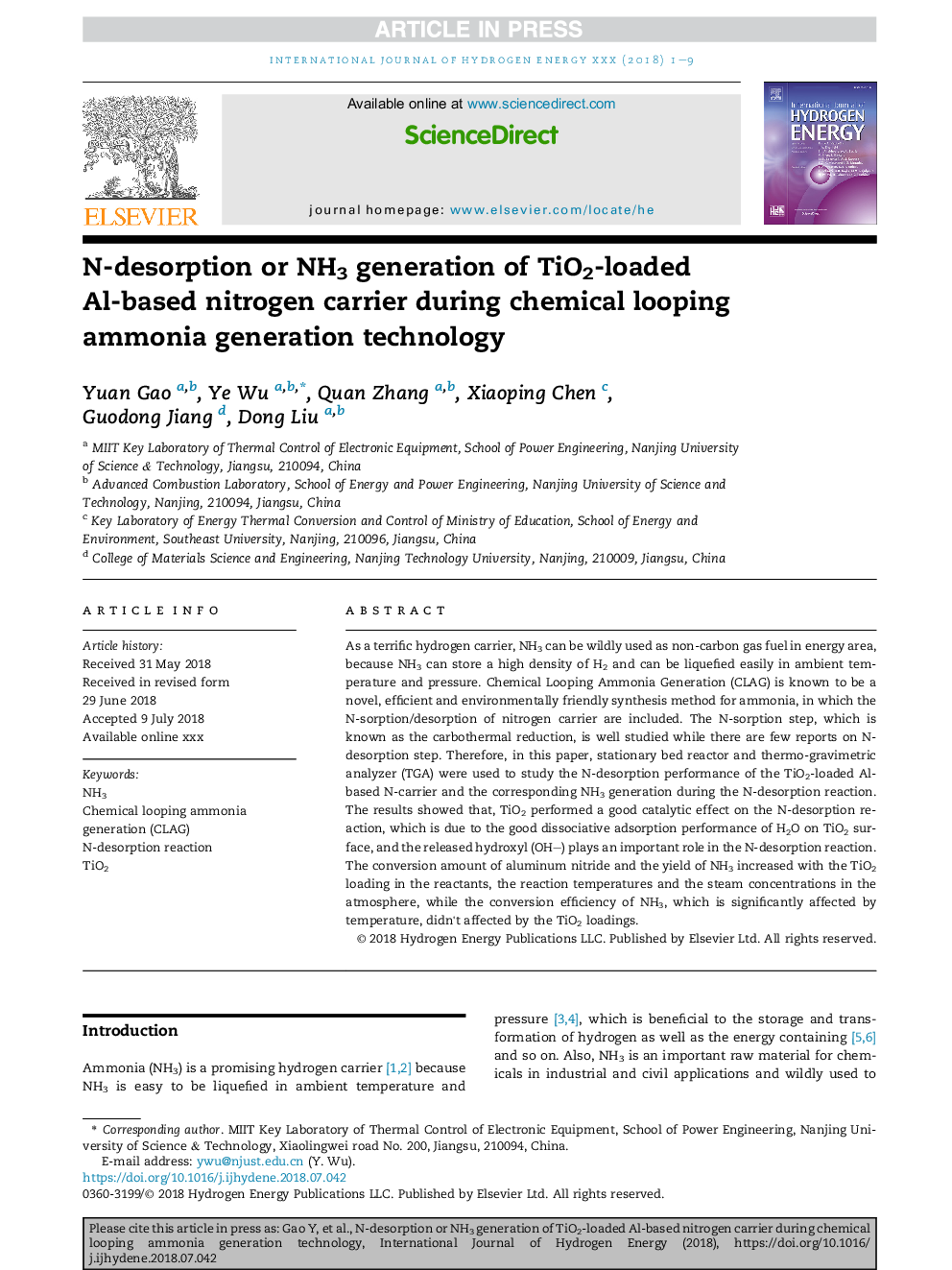 N-desorption or NH3 generation of TiO2-loaded Al-based nitrogen carrier during chemical looping ammonia generation technology