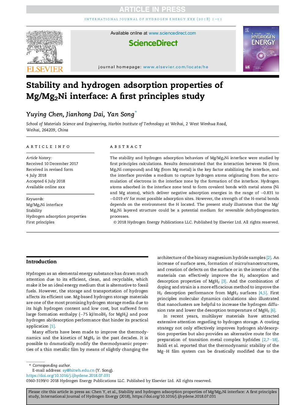 Stability and hydrogen adsorption properties of Mg/Mg2Ni interface: A first principles study