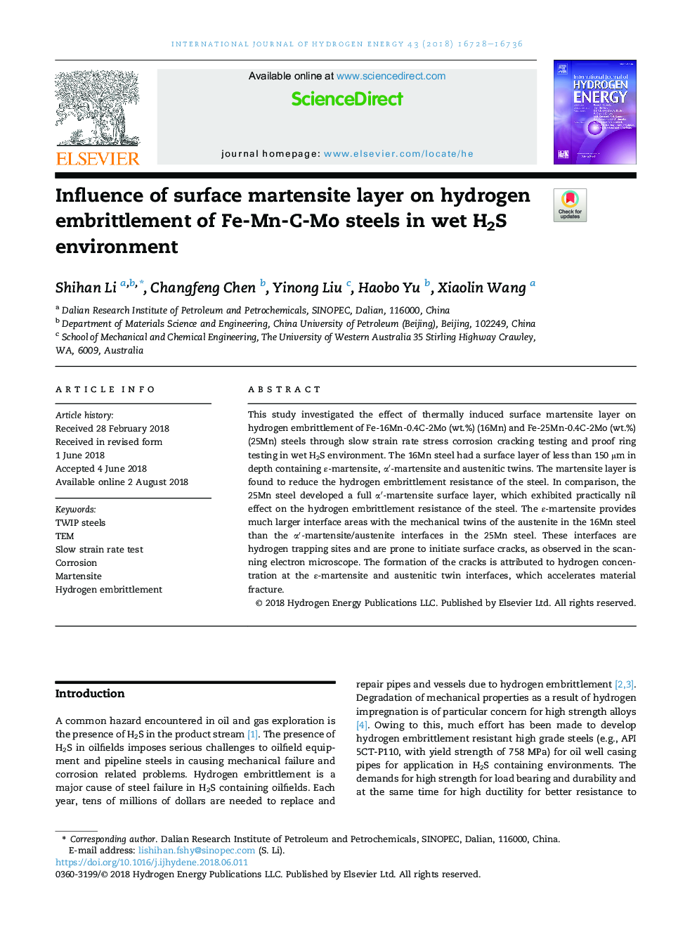 Influence of surface martensite layer on hydrogen embrittlement of Fe-Mn-C-Mo steels in wet H2S environment