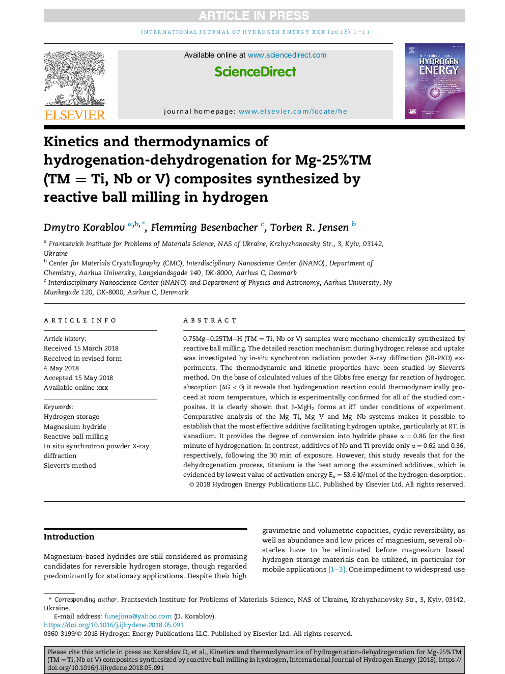 Kinetics and thermodynamics of hydrogenation-dehydrogenation for Mg-25%TM (TMÂ =Â Ti, Nb or V) composites synthesized by reactive ball milling in hydrogen