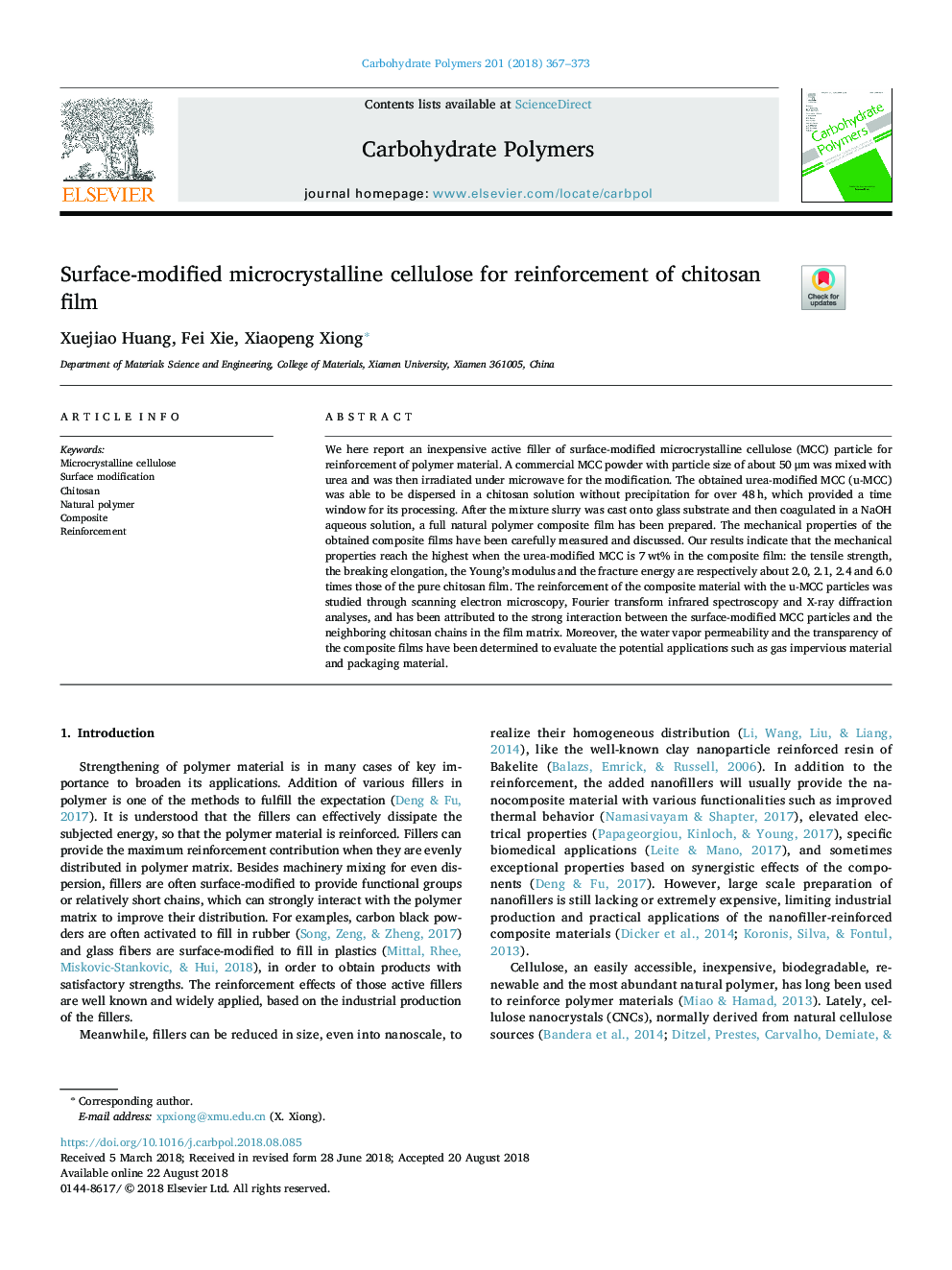 عکس صفحه اول مقاله: Surface-modified microcrystalline cellulose for reinforcement of chitosan film Surface-modified microcrystalline cellulose for reinforcement of chitosan film