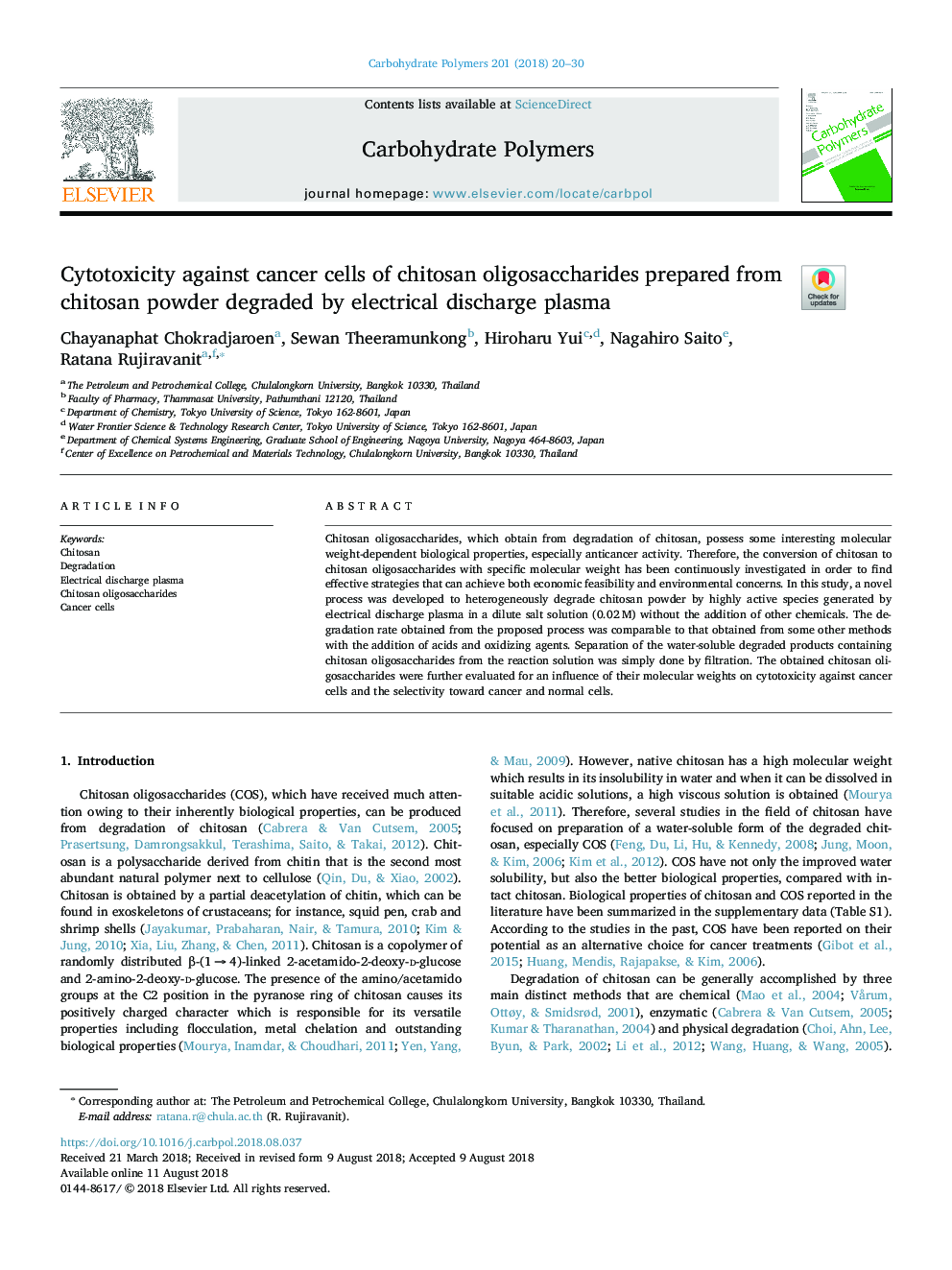 Cytotoxicity against cancer cells of chitosan oligosaccharides prepared from chitosan powder degraded by electrical discharge plasma