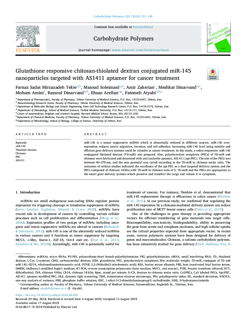 Glutathione responsive chitosan-thiolated dextran conjugated miR-145 nanoparticles targeted with AS1411 aptamer for cancer treatment