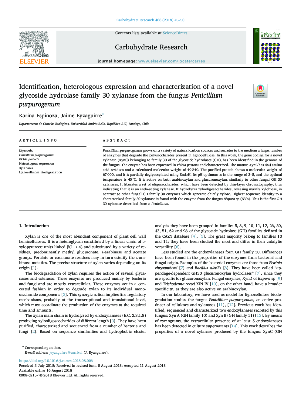 Identification, heterologous expression and characterization of a novel glycoside hydrolase family 30 xylanase from the fungus Penicillium purpurogenum