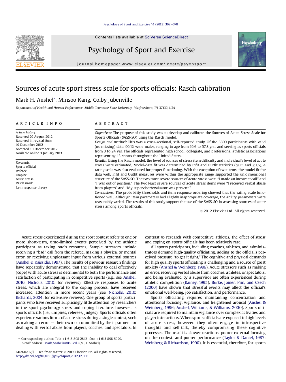 Sources of acute sport stress scale for sports officials: Rasch calibration