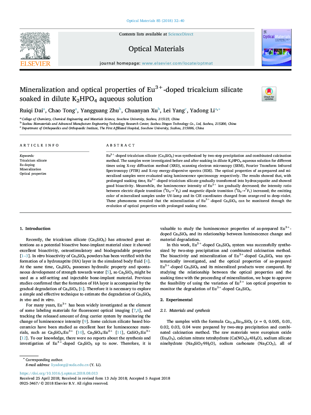 Mineralization and optical properties of Eu3+-doped tricalcium silicate soaked in dilute K2HPO4 aqueous solution