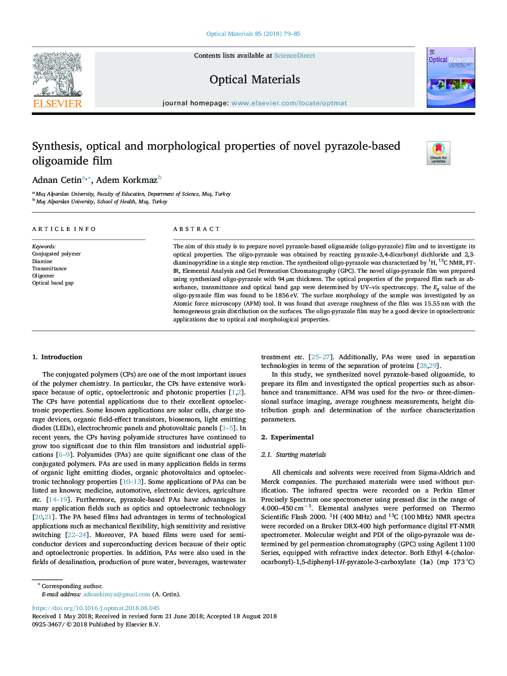 Synthesis, optical and morphological properties of novel pyrazole-based oligoamide film