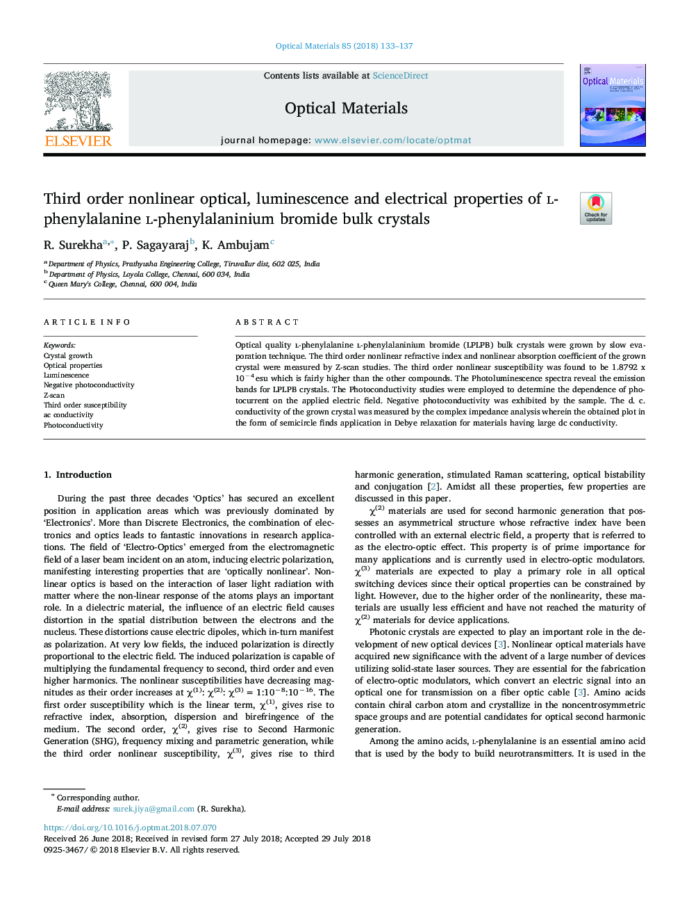 Third order nonlinear optical, luminescence and electrical properties of Ê-phenylalanine Ê-phenylalaninium bromide bulk crystals