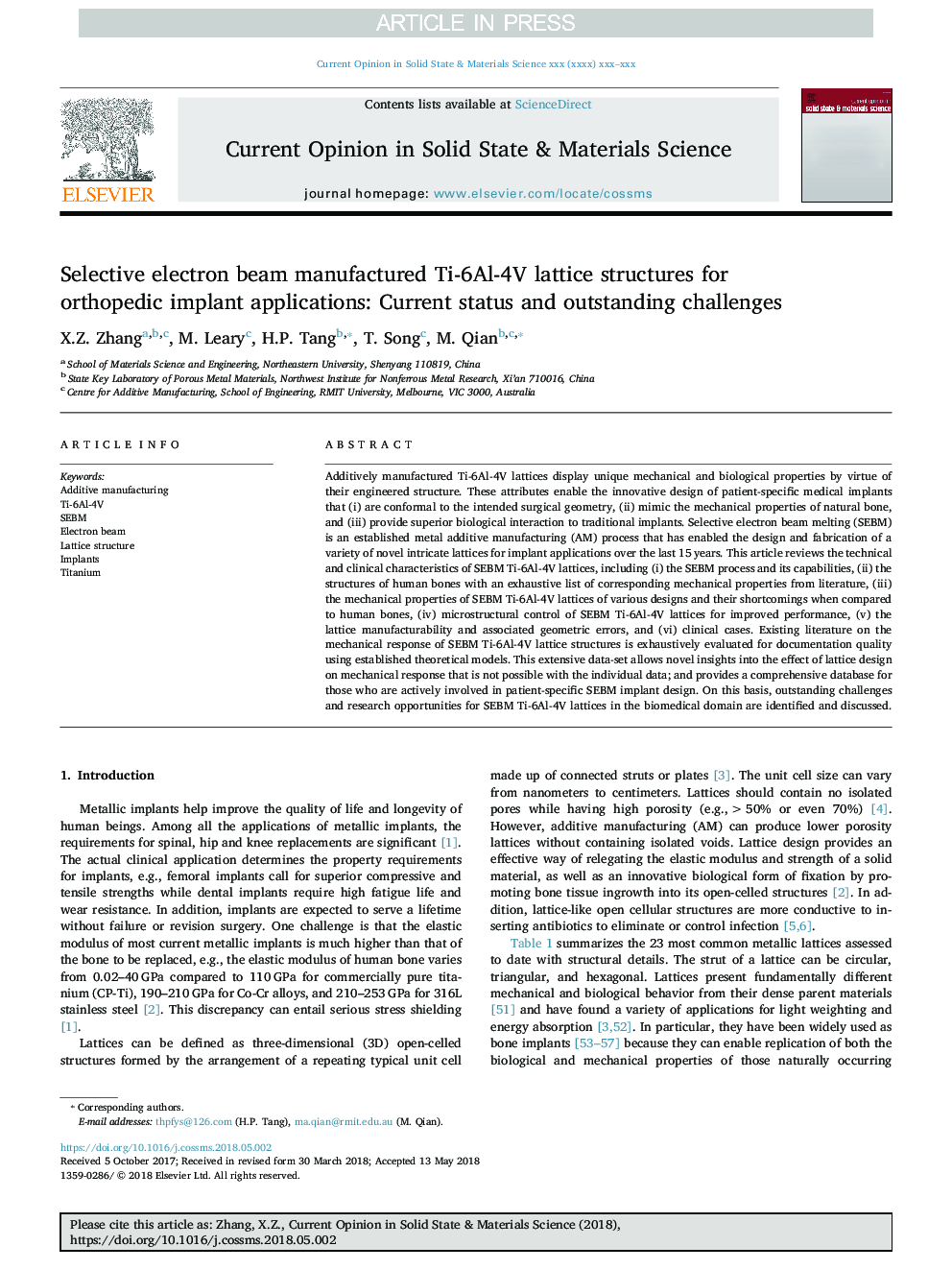 Selective electron beam manufactured Ti-6Al-4V lattice structures for orthopedic implant applications: Current status and outstanding challenges