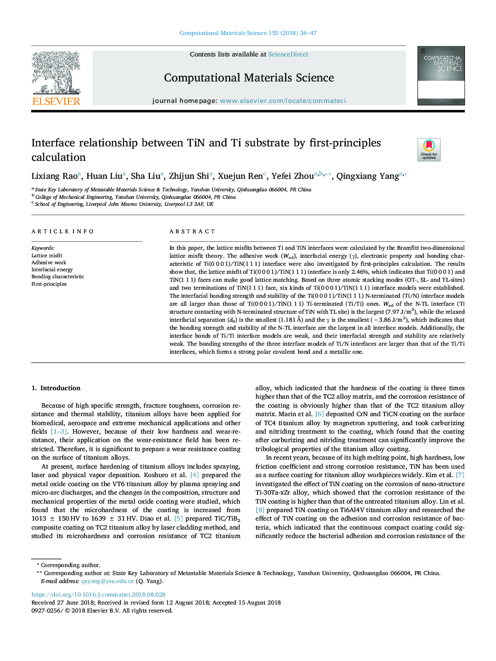 Interface relationship between TiN and Ti substrate by first-principles calculation