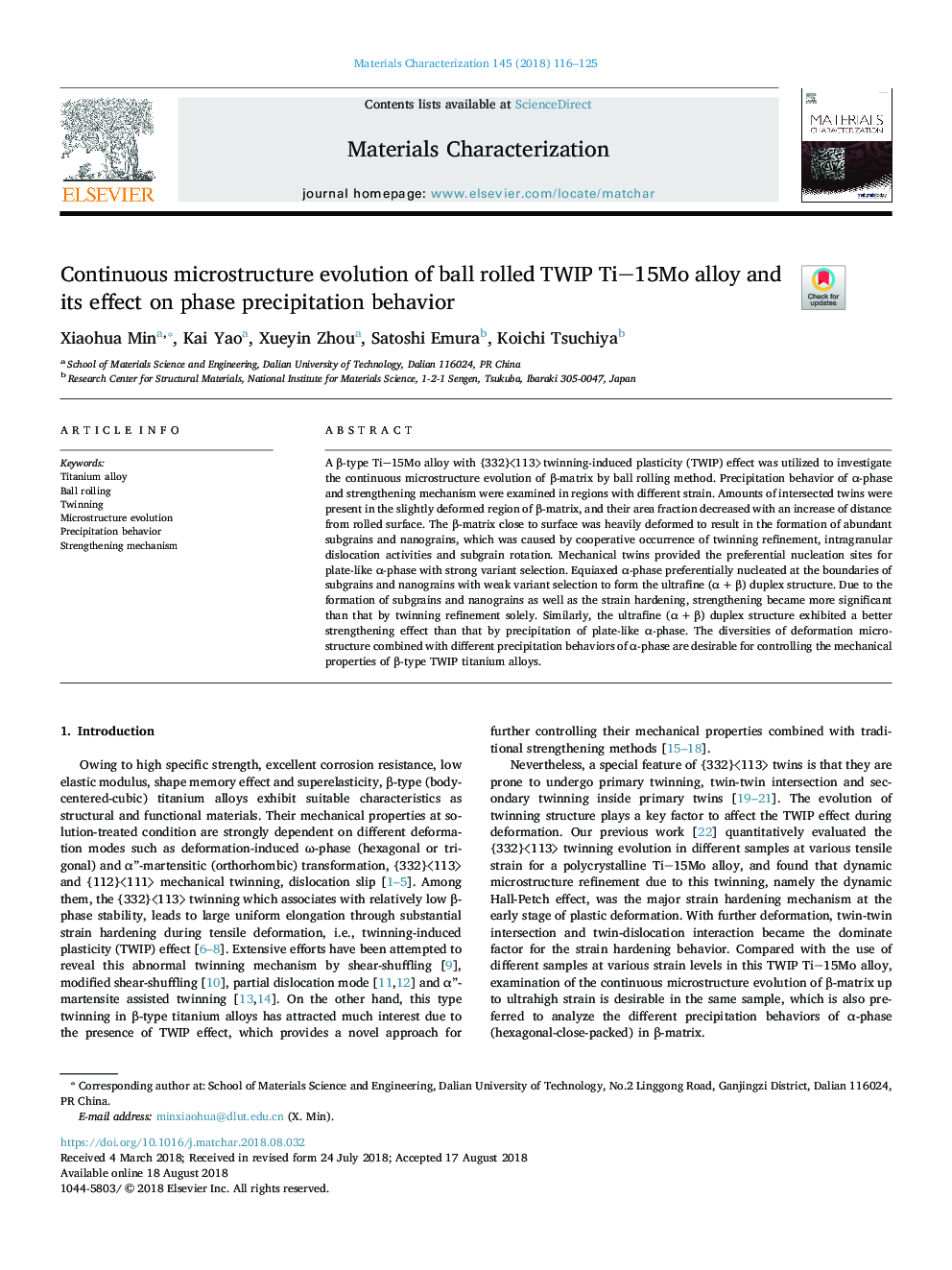 Continuous microstructure evolution of ball rolled TWIP Ti15Mo alloy and its effect on phase precipitation behavior