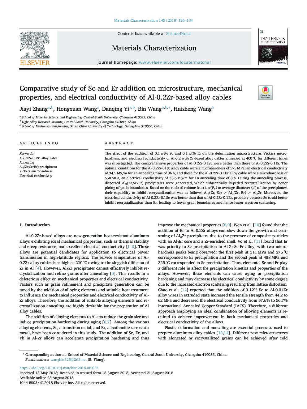 Comparative study of Sc and Er addition on microstructure, mechanical properties, and electrical conductivity of Al-0.2Zr-based alloy cables