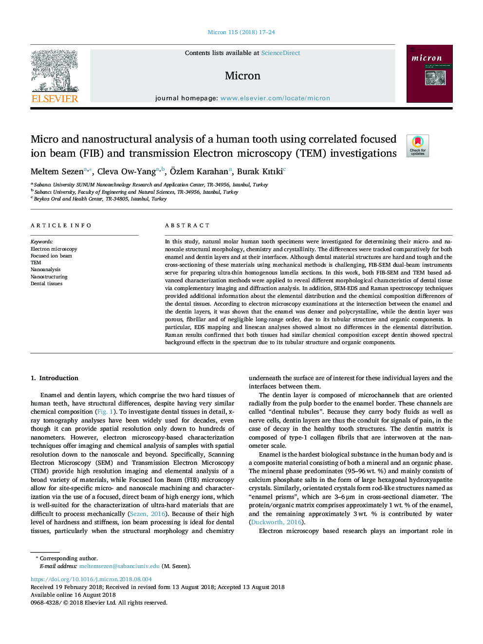 Micro and nanostructural analysis of a human tooth using correlated focused ion beam (FIB) and transmission Electron microscopy (TEM) investigations