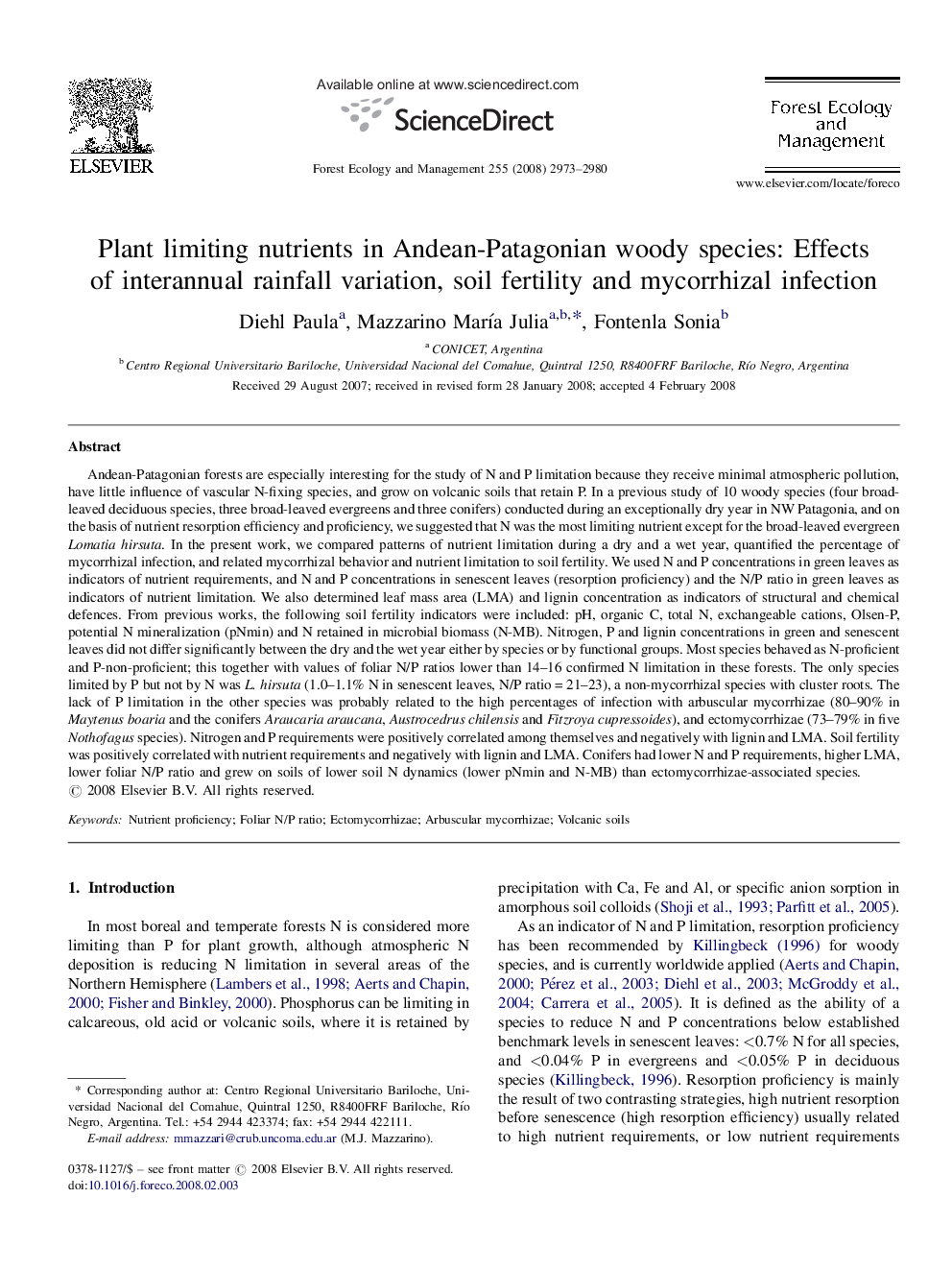 Plant limiting nutrients in Andean-Patagonian woody species: Effects of interannual rainfall variation, soil fertility and mycorrhizal infection