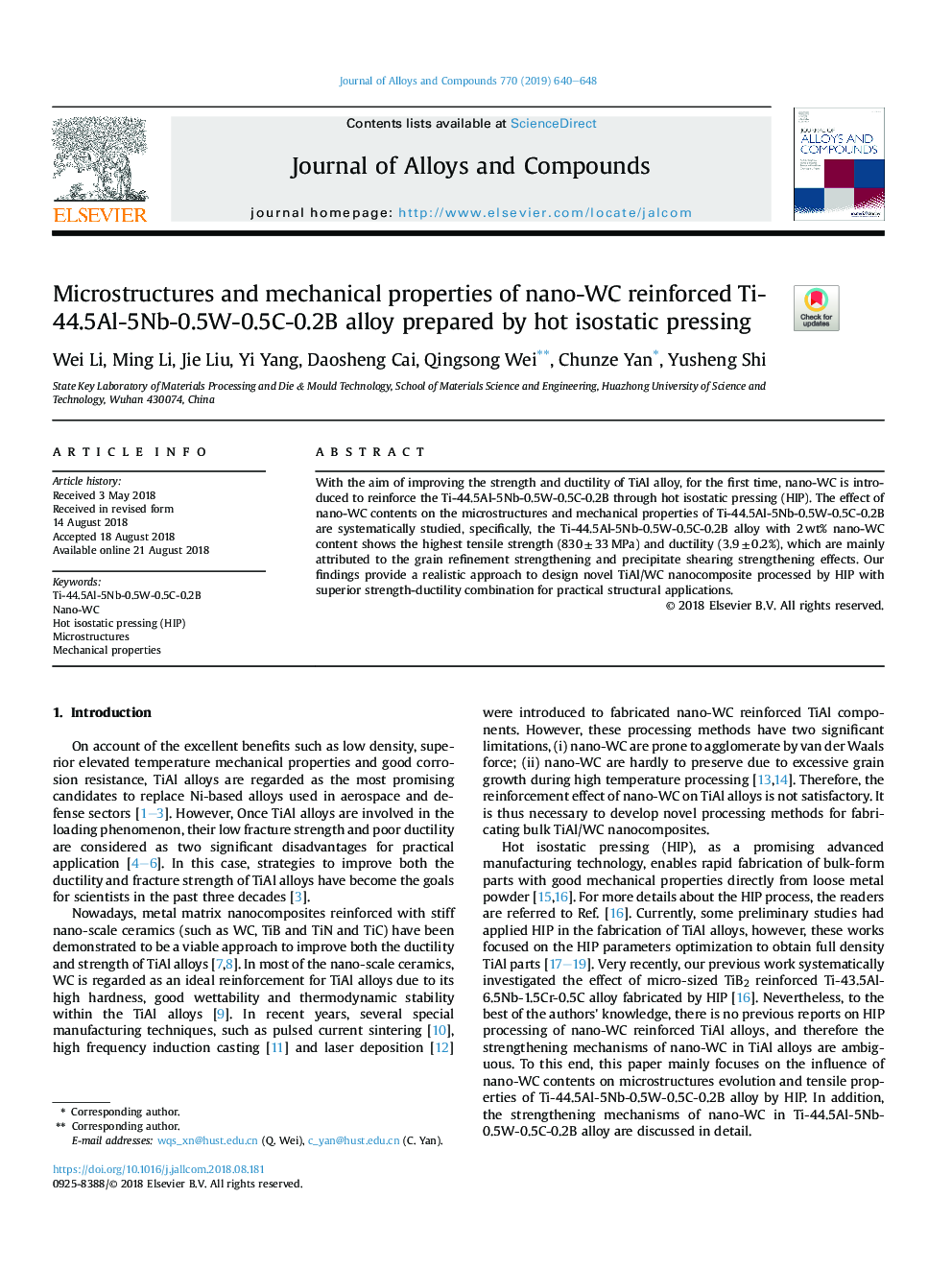 Microstructures and mechanical properties of nano-WC reinforced Ti-44.5Al-5Nb-0.5W-0.5C-0.2B alloy prepared by hot isostatic pressing