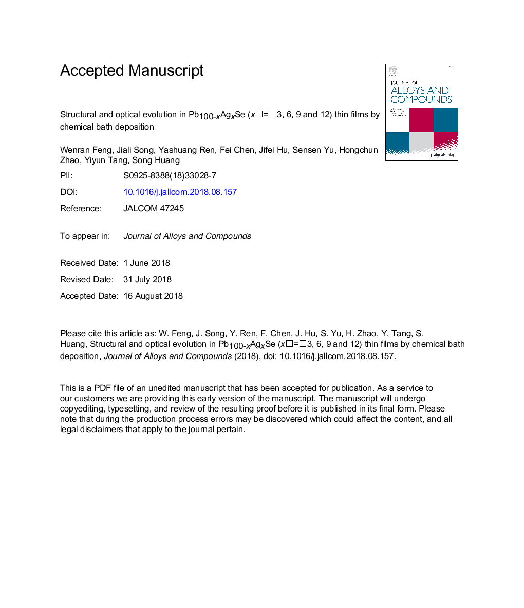 Structural and optical evolution in Pb100-xAgxSe (xâ¯=â¯3, 6, 9 and 12) thin films by chemical bath deposition