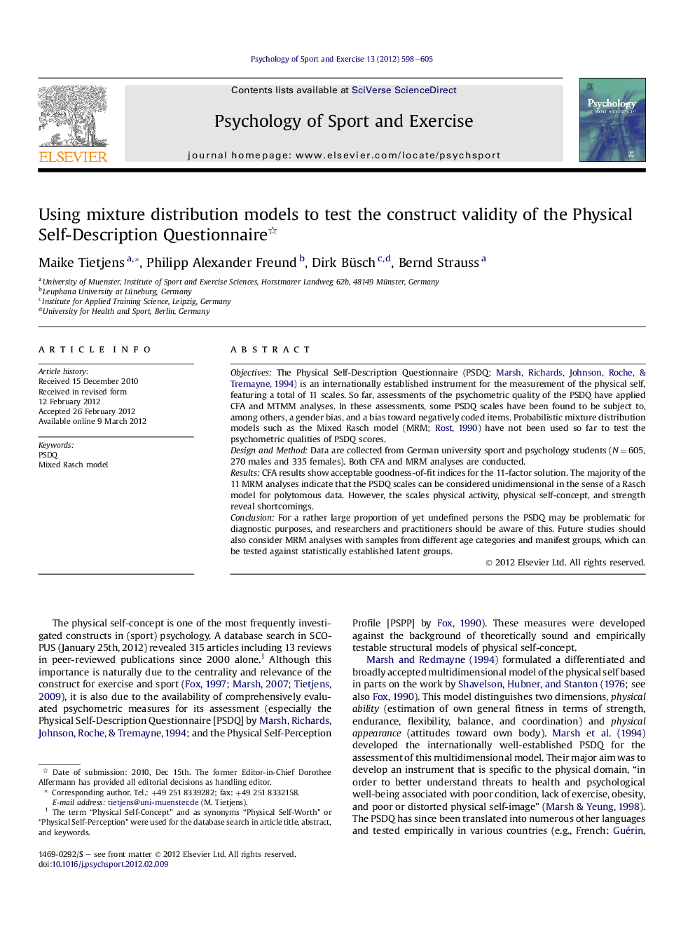 عکس صفحه اول مقاله: Using mixture distribution models to test the construct validity of the Physical Self-Description Questionnaire Using mixture distribution models to test the construct validity of the Physical Self-Description Questionnaire