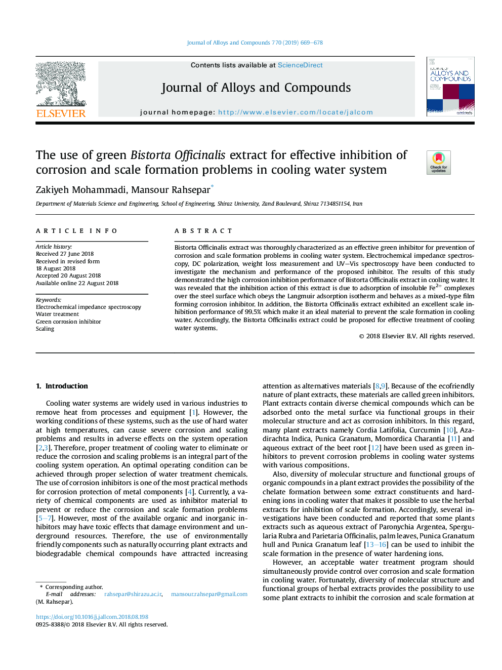 The use of green Bistorta Officinalis extract for effective inhibition of corrosion and scale formation problems in cooling water system