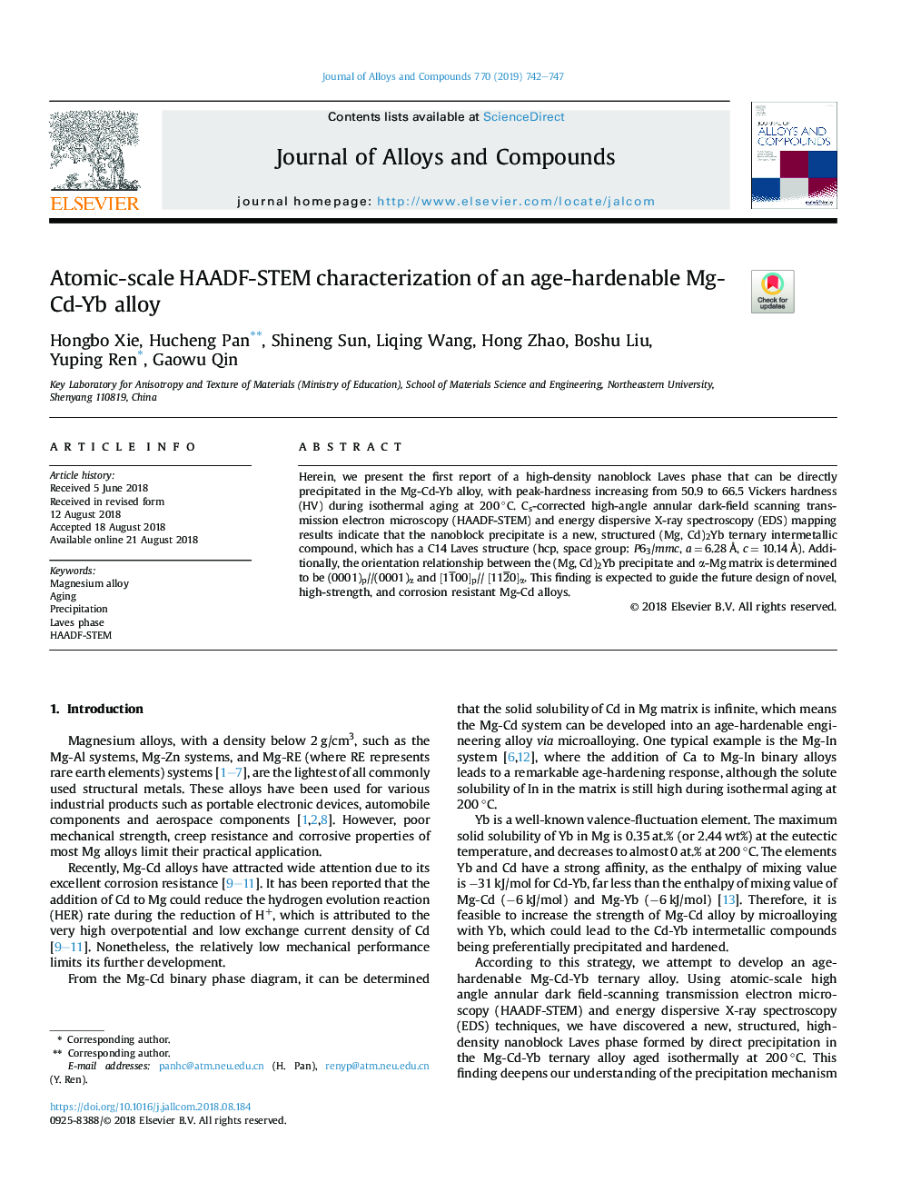 Atomic-scale HAADF-STEM characterization of an age-hardenable Mg-Cd-Yb alloy