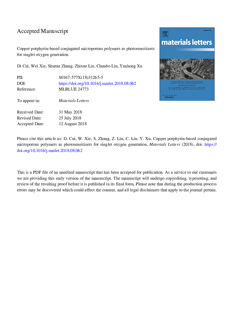 Copper porphyrin-based conjugated microporous polymers as photosensitizers for singlet oxygen generation