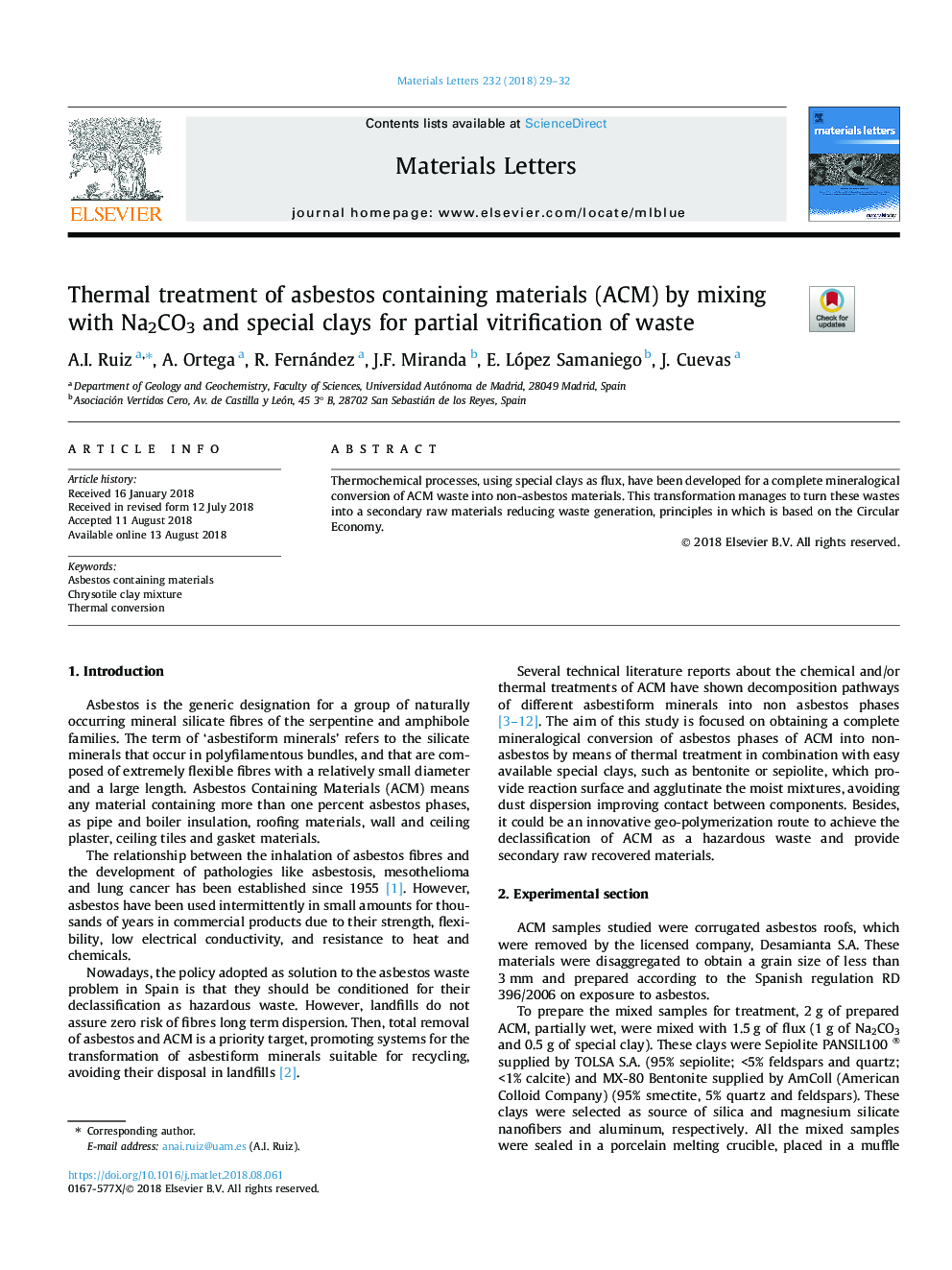 Thermal treatment of asbestos containing materials (ACM) by mixing with Na2CO3 and special clays for partial vitrification of waste