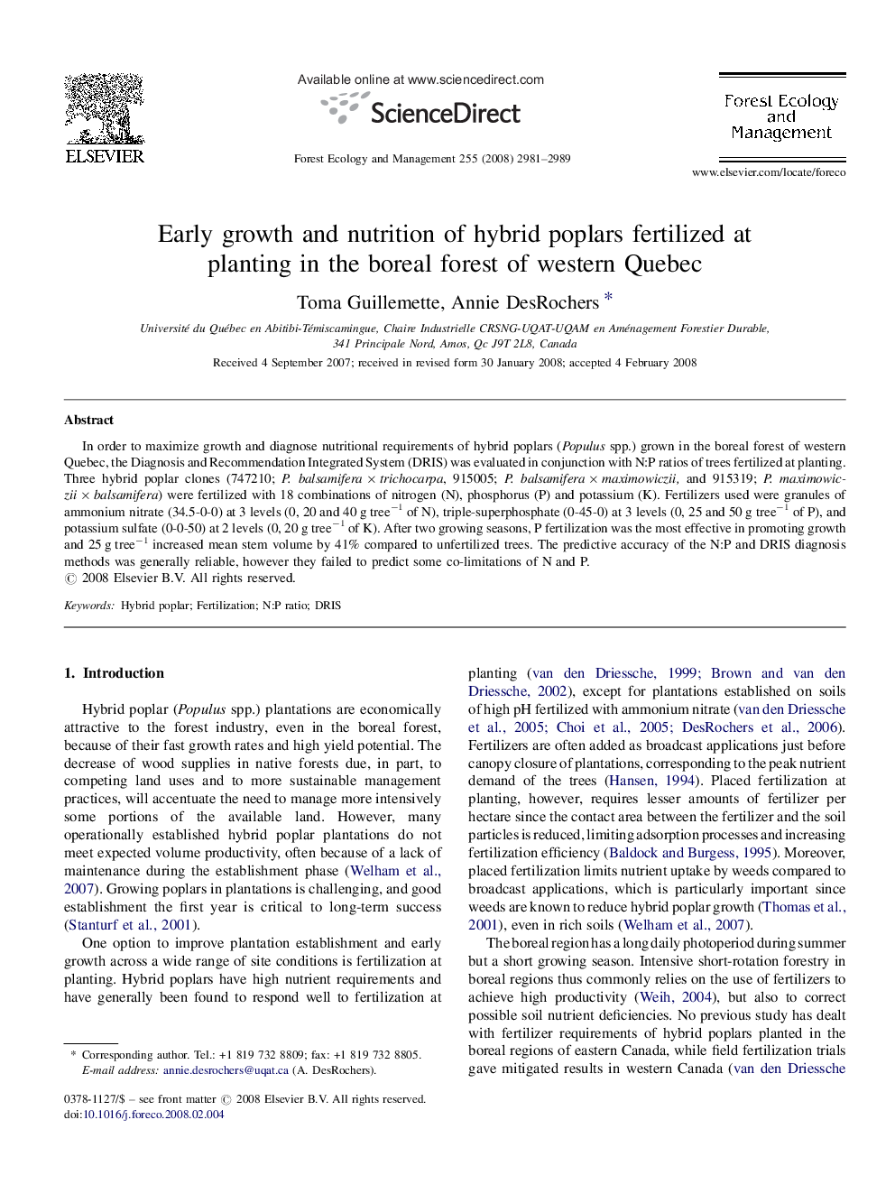 Early growth and nutrition of hybrid poplars fertilized at planting in the boreal forest of western Quebec