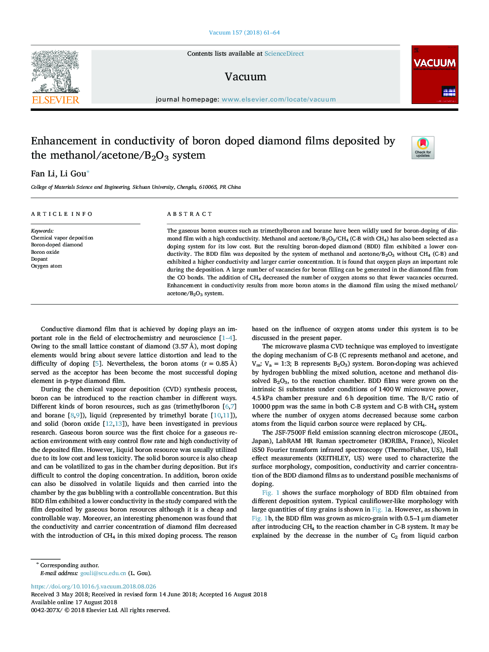 Enhancement in conductivity of boron doped diamond films deposited by the methanol/acetone/B2O3 system