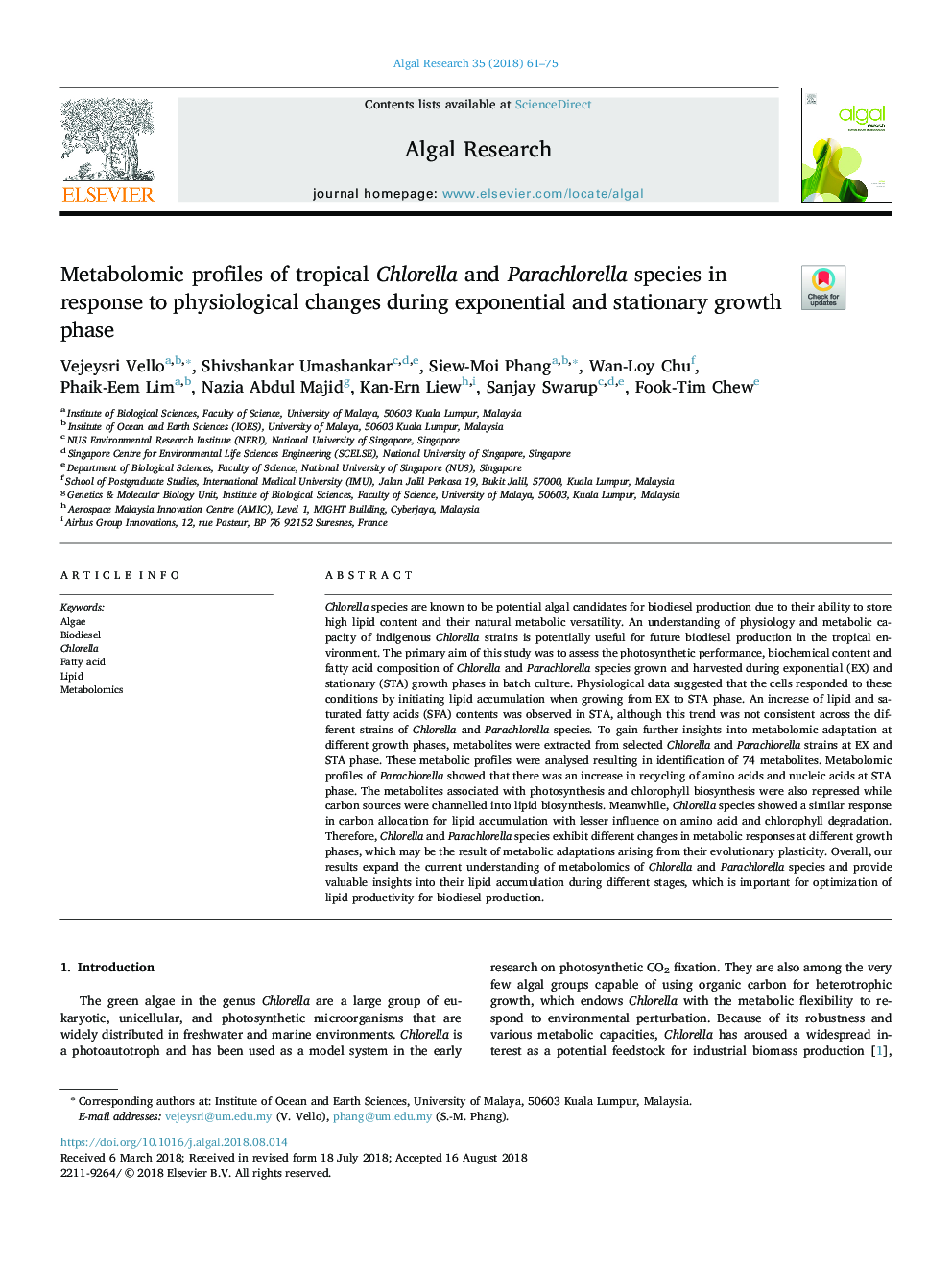 Metabolomic profiles of tropical Chlorella and Parachlorella species in response to physiological changes during exponential and stationary growth phase