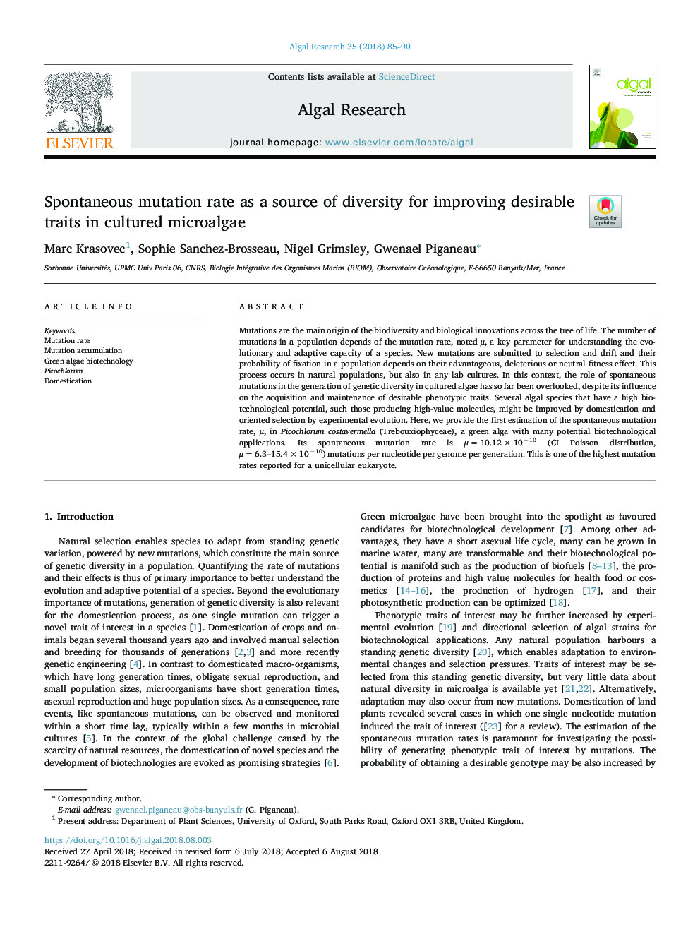 Spontaneous mutation rate as a source of diversity for improving desirable traits in cultured microalgae