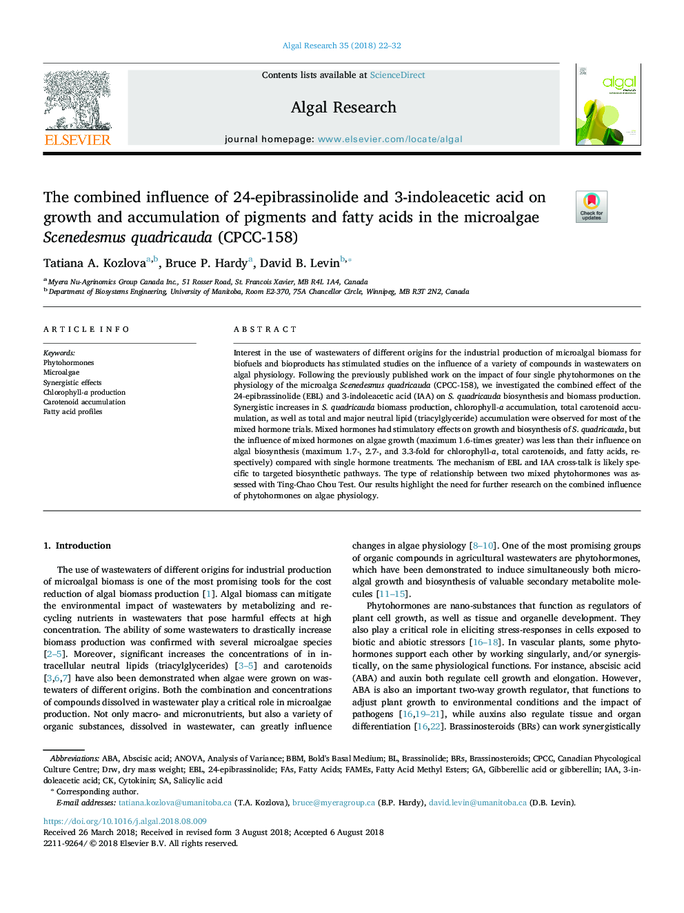 The combined influence of 24âepibrassinolide and 3âindoleacetic acid on growth and accumulation of pigments and fatty acids in the microalgae Scenedesmus quadricauda (CPCC-158)