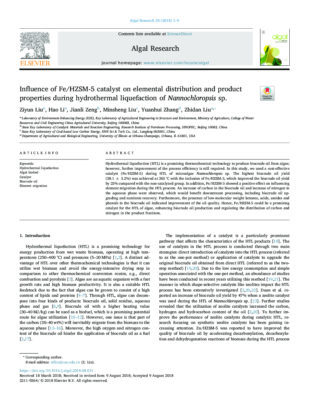 Influence of Fe/HZSM-5 catalyst on elemental distribution and product properties during hydrothermal liquefaction of Nannochloropsis sp.