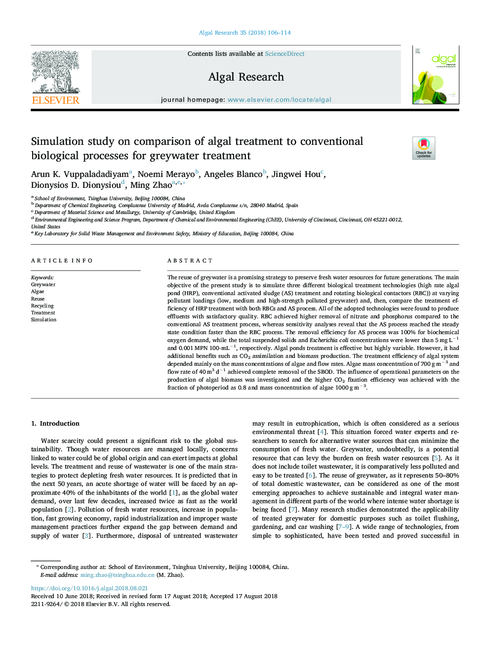Simulation study on comparison of algal treatment to conventional biological processes for greywater treatment