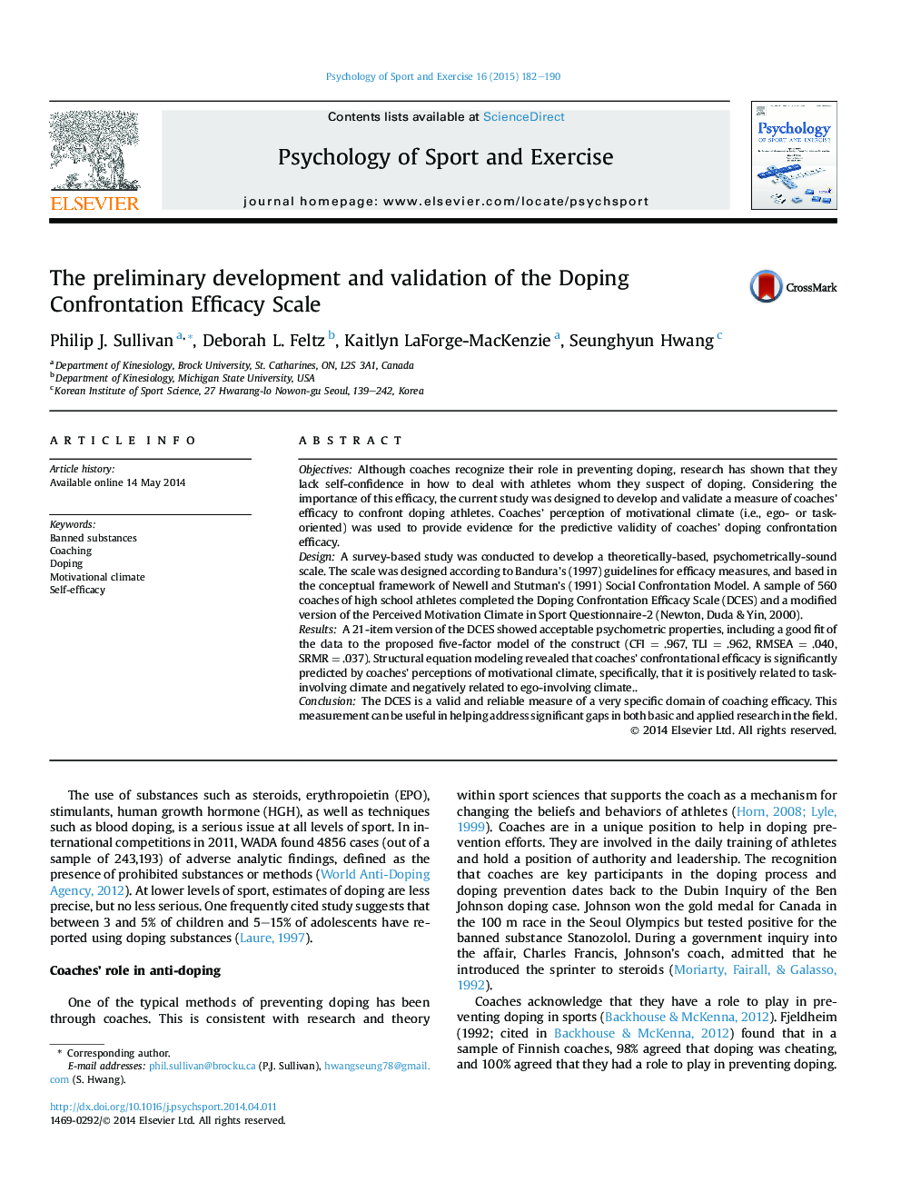 The preliminary development and validation of the Doping Confrontation Efficacy Scale